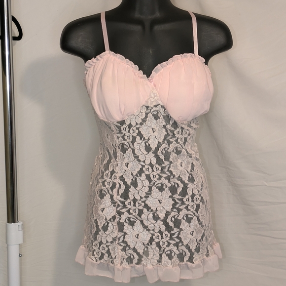 Cliché Other - SOLD. Cliché Sheer Black Lace Top with Pink Cami – Floral Detail, Size Medium
